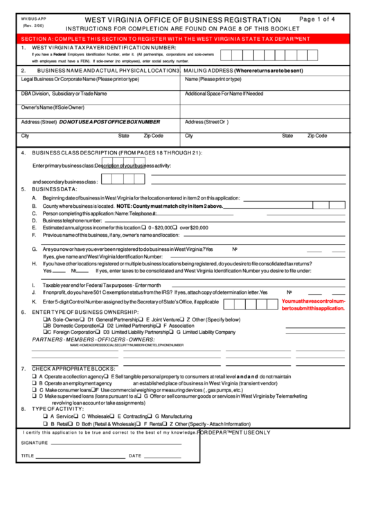 Form Wv/bus-App - West Virginia Office Of Business Registration, West Virginia State Tax Department Taxpayer Assistance Locations Printable pdf