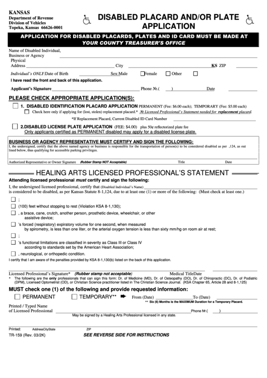 Form Tr159Disabled PlacardPlate Application printable pdf download