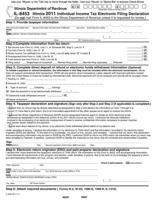 Fillable Form Il-8453 - Illinois Individual Income Tax Electronic Filing Declaration - 2011 Printable pdf