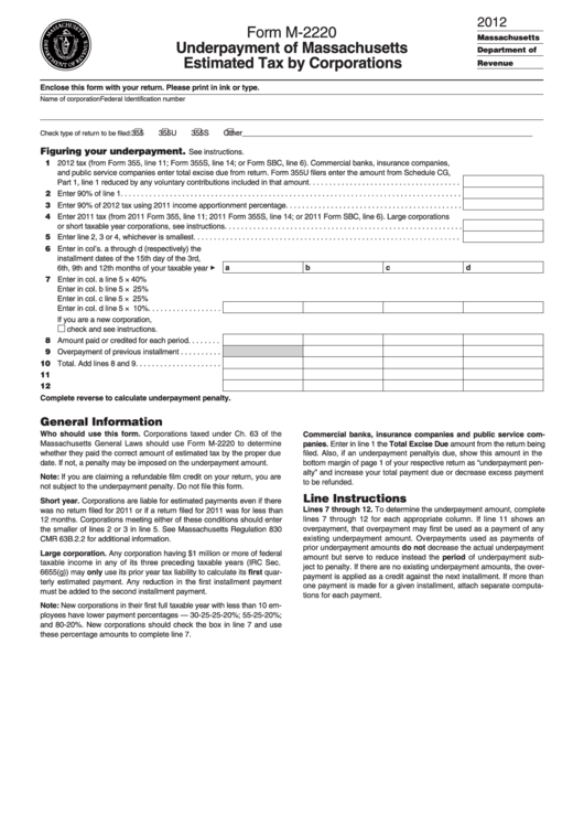 Form M-2220 - Underpayment Of Massachusetts Estimated Tax By Corporations - 2012 Printable pdf