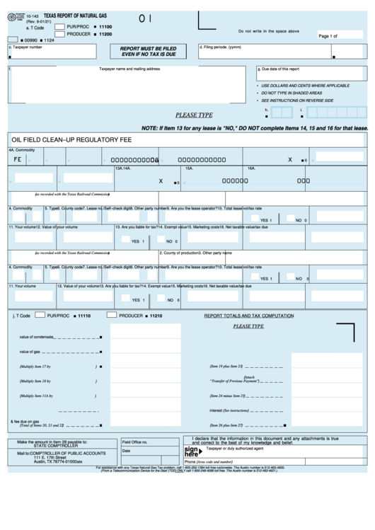 Fillable Form 10-143-Texas Report Of Natural Gas Printable pdf