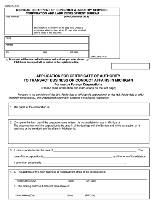 Form C&s 560 - Application For Certificate Of Authority To Transact Business Or Conduct Affairs In Michigan