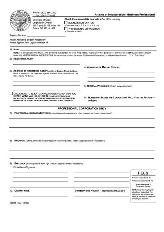 Fillable Form Cr111-Articles Of Incorporation-Business-Professional Form Printable pdf