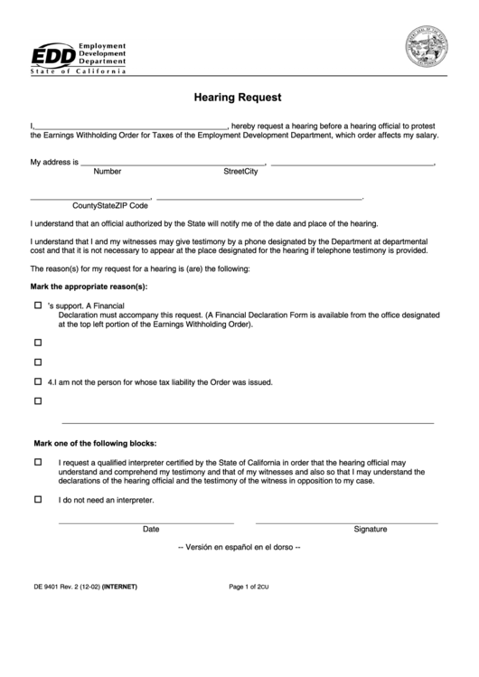 Fillable Form De 9401 Rev. 2 12-02 - Hearing Request Form - Employment Development Department English-Spanish Version Printable pdf