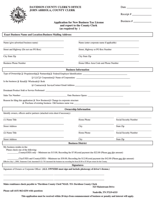 Application For New Business Tax License Form Printable pdf