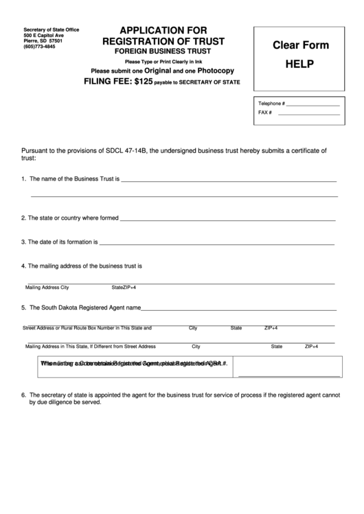 Fillable Application For Registration Of Trust -Foreign Business Trust Form Printable pdf