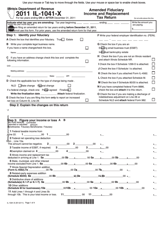 Fillable Form Il-1041-X - Amended Fiduciary Income And Replacement Tax Return 2011 Printable pdf