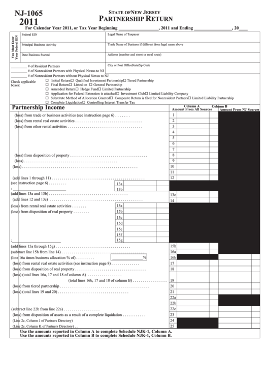 Fillable Form Nj-1065 - New Jersey Partnership Return - 2011 Printable pdf