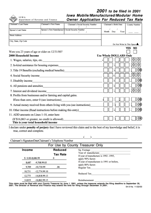 Form 54-014a - Iowa Mobile/manufactured/modular Home Owner Application For Reduced Tax Rate Printable pdf
