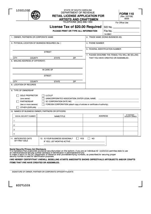Form 110 - Retail License Application For Artists And Craftsmen - 2008 Printable pdf