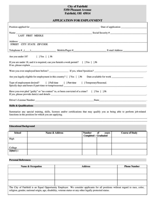 Fillable Application For Employment - City Of Fairfield Printable pdf