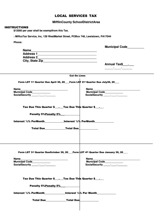 Local Services Tax-Mifflin County School District Area Form Printable pdf