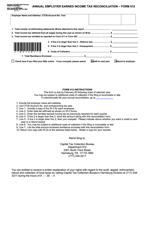 Fillable Form 512-Annual Employer Earned Income Tax Reconciliation Printable pdf