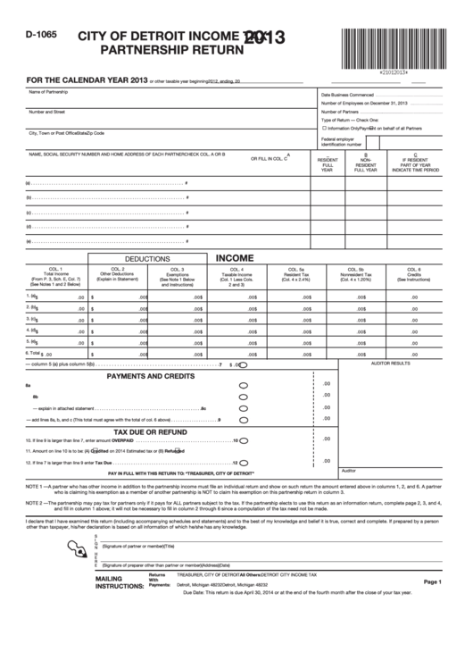 Form D-1065 - City Of Detroit Income Tax Partnership Return - 2013