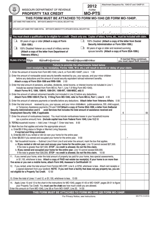 Fillable Form Mo-Pts - Property Tax Credit - 2012 Printable pdf