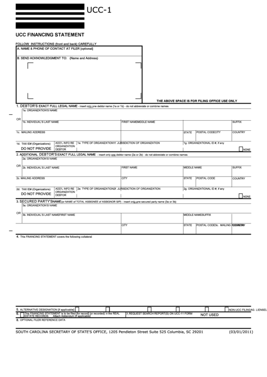Fillable Form Ucc-1 03/01/2011 - Ucc Financing Statement Printable pdf