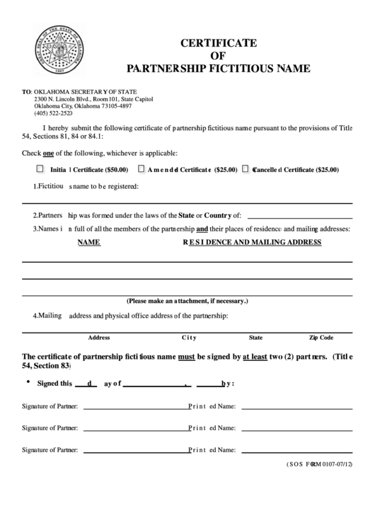 Fillable Sos Form 0107-Certificate Of Partnership Fictitious Name Printable pdf