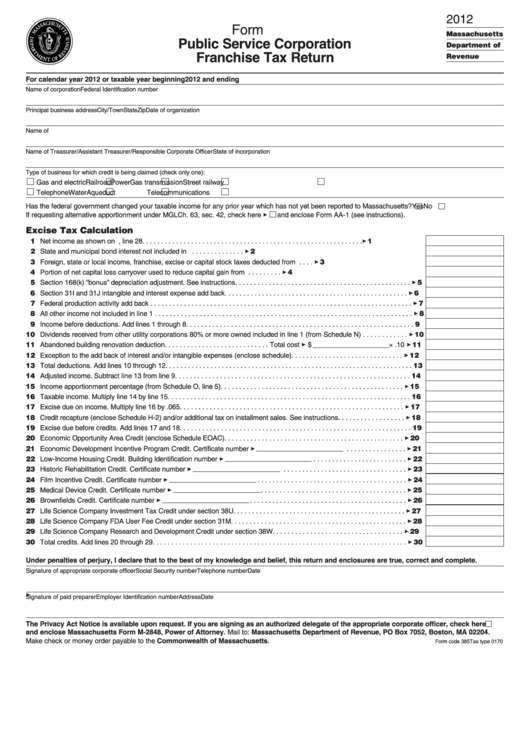 Form P.s.1 - Public Service Corporation Franchise Tax Return - 2012 Printable pdf