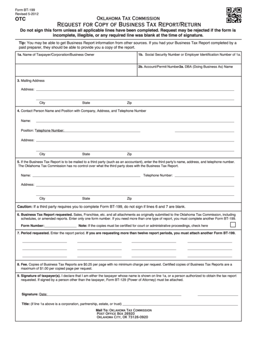 Fillable Form Bt-199 Otc - Request For Copy Of Business Tax Report/return Printable pdf