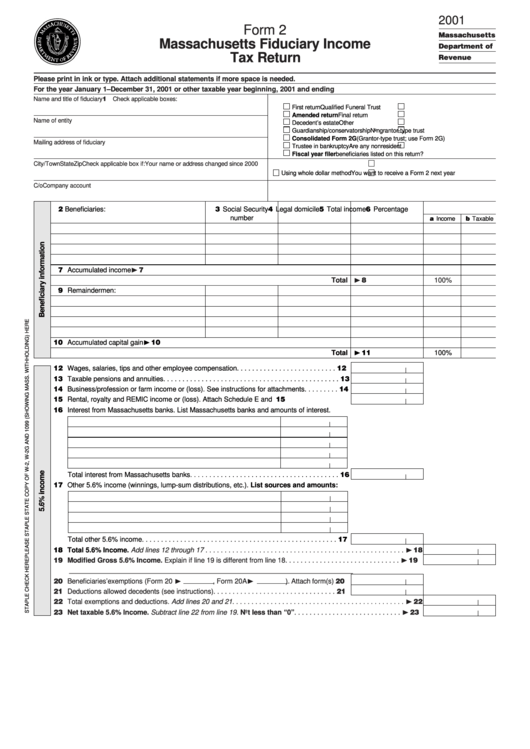 Form 2 Massachusetts Fiduciary Tax Return 2001 printable pdf