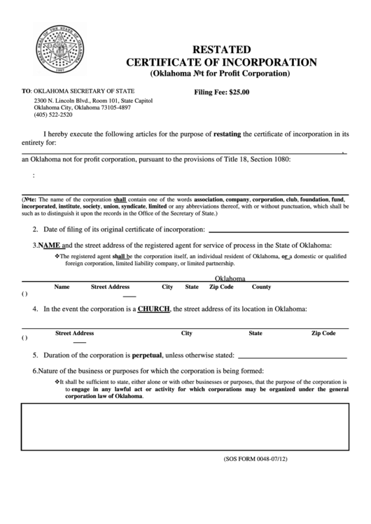 Fillable Sos Form 0048-Restated Certificate Of Incorporation Printable pdf