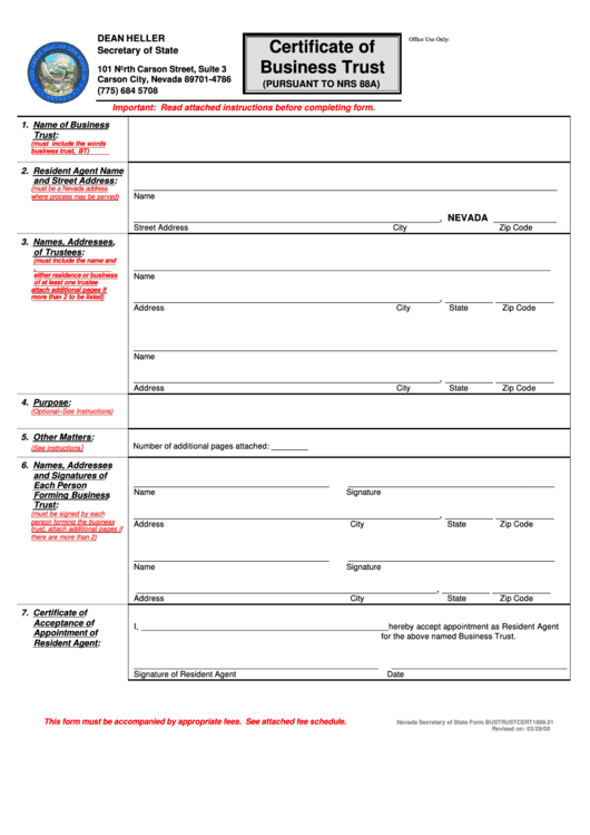 Certificate Of Business Trust - Nevada Secretary Of State Printable pdf