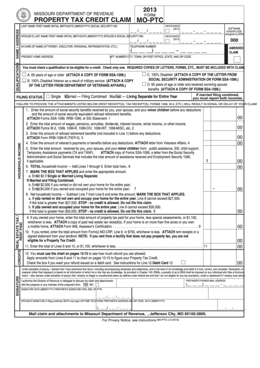 Form Mo-Ptc - Property Tax Credit Claim - 2013 Printable pdf