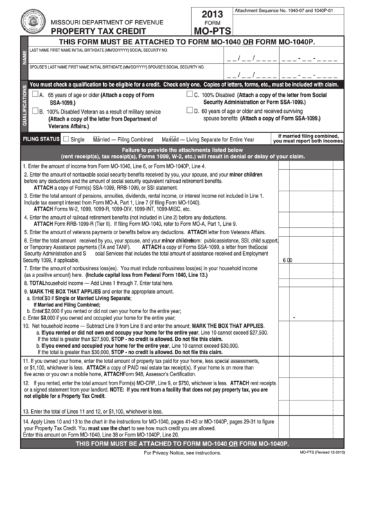 Fillable Form Mo-Pts - Property Tax Credit - 2013 Printable pdf