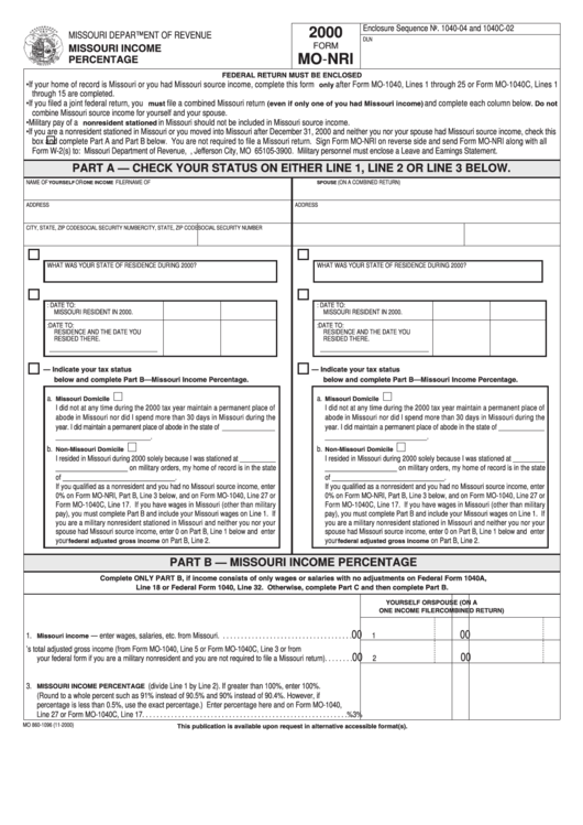 Form Mo-Nri - Missouri Income Percentage - 2000 Printable pdf