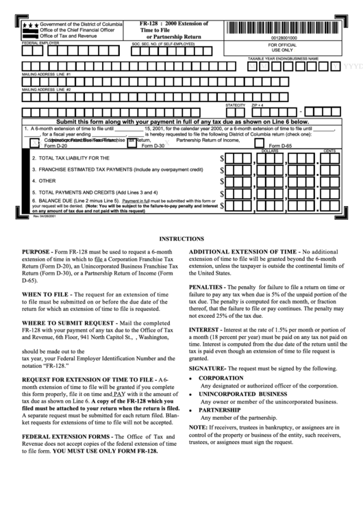 Form Fr-128 - 2000 Extension Of Time To File D.c. Franchise Or ...