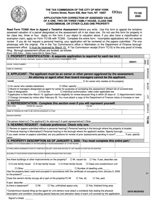Form Tc108 - The Tax Commission Of The City Of New York - 2000 Printable pdf