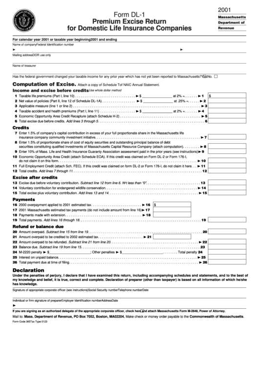 Form Dl-1 - Premium Excise Return For Domestic Life Insurance Companies - 2001 Printable pdf