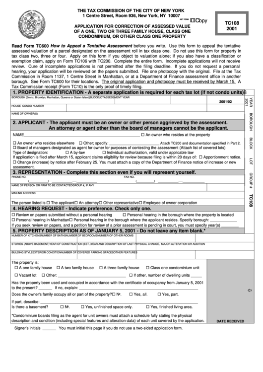 Form Tc108 - He Tax Commission Of The City Of New York - 2001 Printable pdf