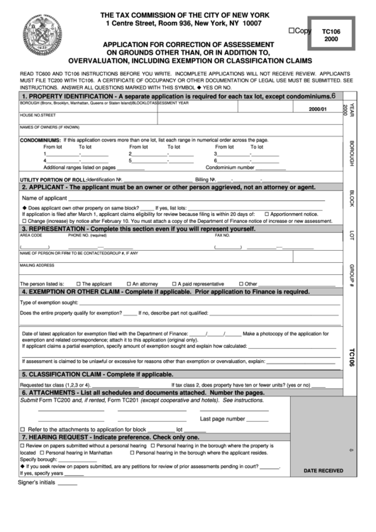Form Tc106 - Application For Correction Of Assessement On Grounds Other Than, Or In Addition To, Overvaluation, Including Exemption Or Classification Claims - 2000 Printable pdf