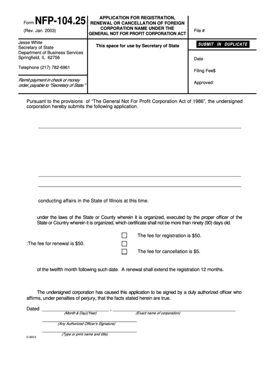 Fillable Form Nfp-104.25 - Application For Registration, Renewal Or Cancellation Of Foreign Corporation Name Under The General Not For Profit Corporation Act Printable pdf