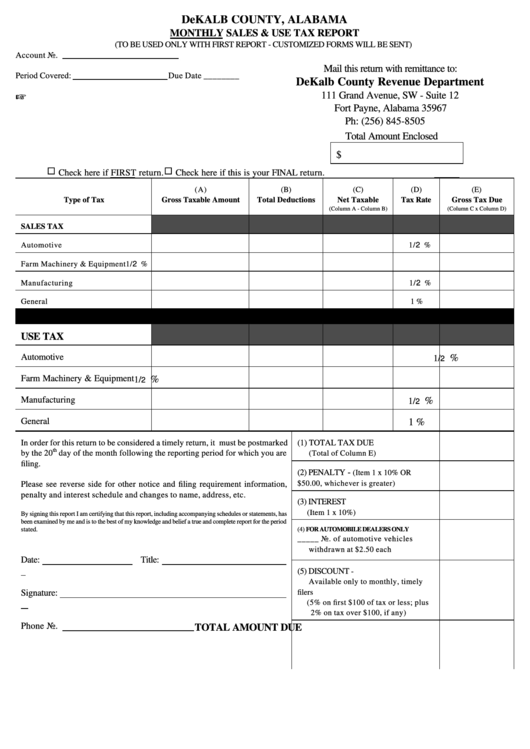 Monthly Sales & Use Tax Report Template - Dekalb County, Alabama Printable pdf