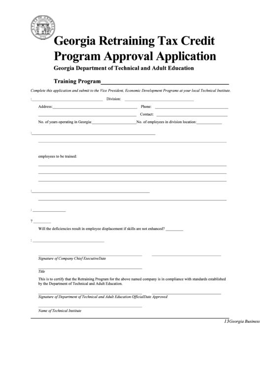 Georgia Retraining Tax Credit Program Approval Application Form - Department Of Technical And Adult Education Printable pdf