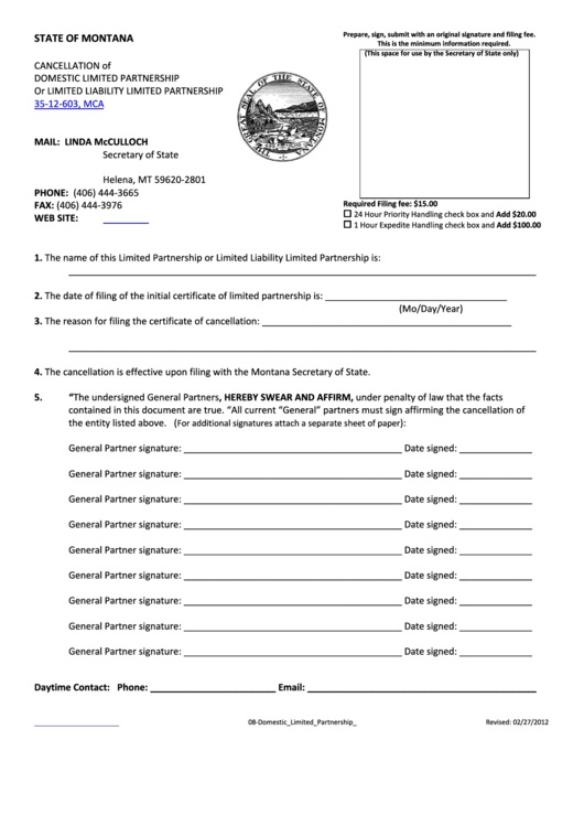 Cancellation Of Domestic Limited Partnership Or Limited Liability Limited Partnership Form 35-12-603, Mca - State Of Montana 2011 Printable pdf
