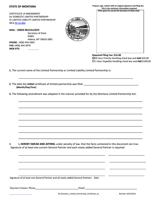 Certificate Of Amendment For Domestic Limited Partnership Or Limited Liability Limited Partnership Form Mca 35-12-602 - State Of Montana 2011 Printable pdf