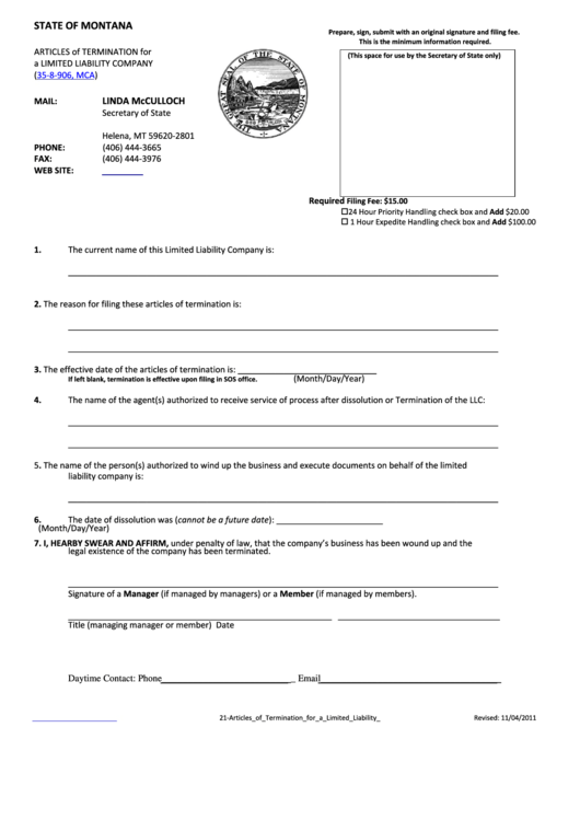 Articles Form Of Termination For A Limited Liability Company (35-8-906, Mca) - State Of Montana 2011 Printable pdf
