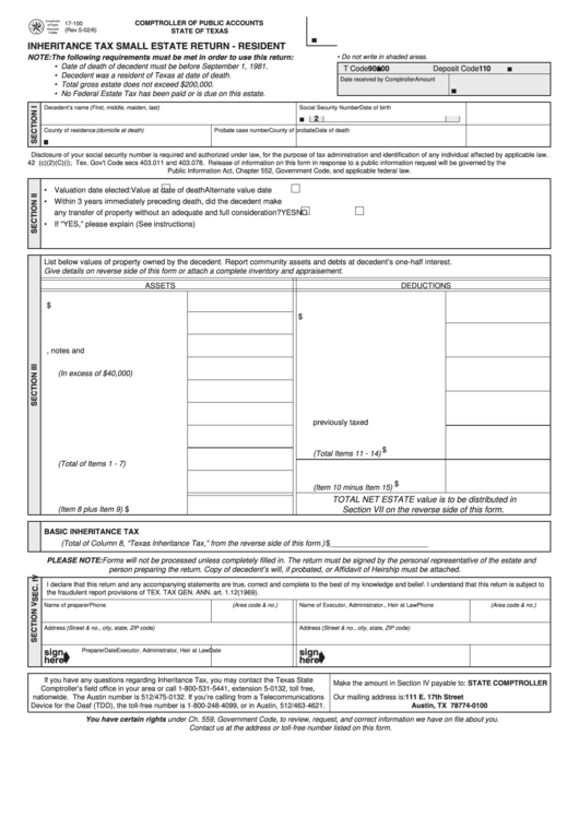 Fillable Form 17-100 - Inheritance Tax Small Estate Return - Resident Printable pdf