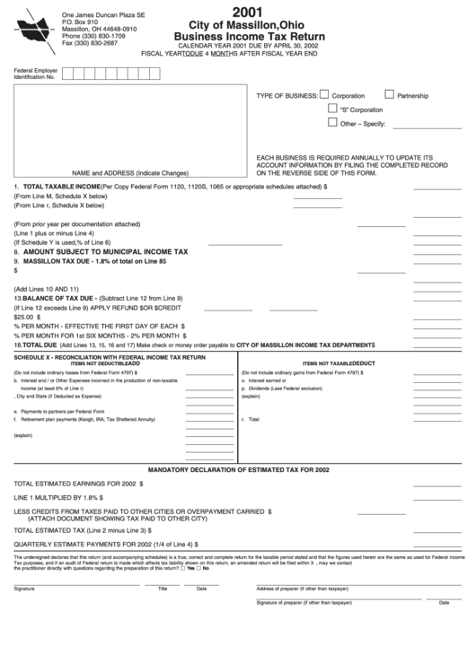 Business Tax Return Form 2001 City Of Massillon, Ohio