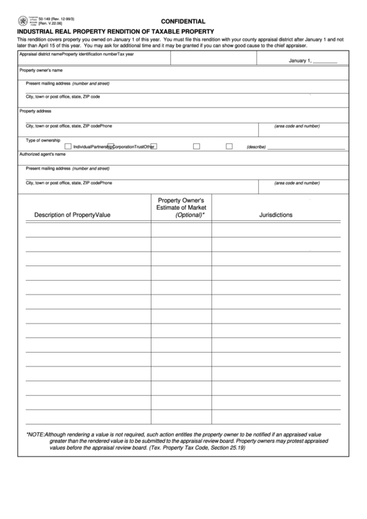 Form 50-149 - Industrial Real Property Rendition Of Taxable Property Printable pdf