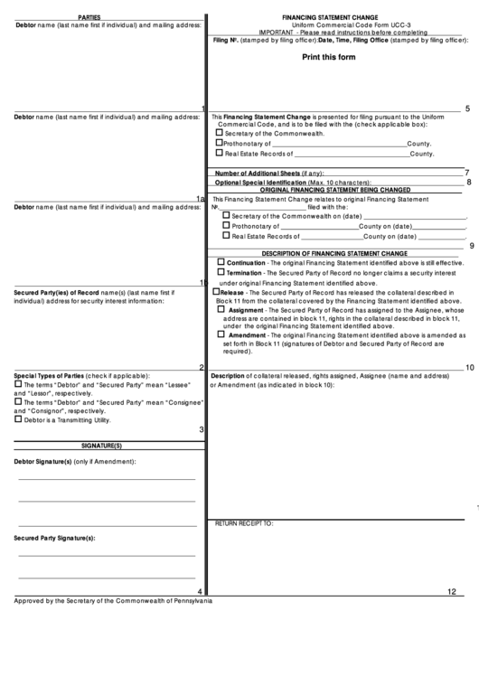 Financing Statement Change Form - Commonwealth Of Pennsylvania Printable pdf