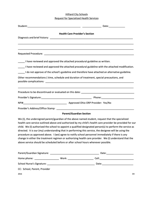 Request Specialized Heath Services Form