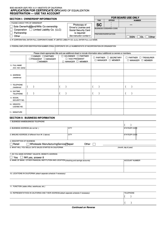 Form Boe-400-Mcr - Application For Certificate Of Registration - Use Tax Account Printable pdf
