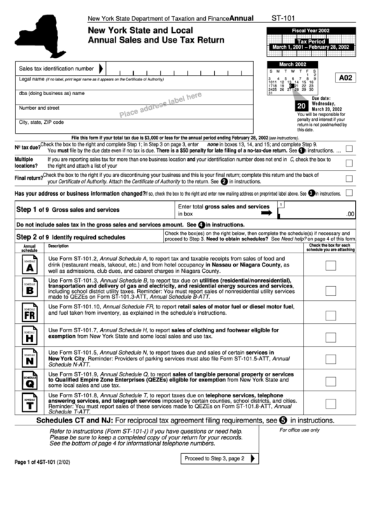 Form St-101 - New York State And Local Annual Sales And Use Tax Return - 2002 Printable pdf