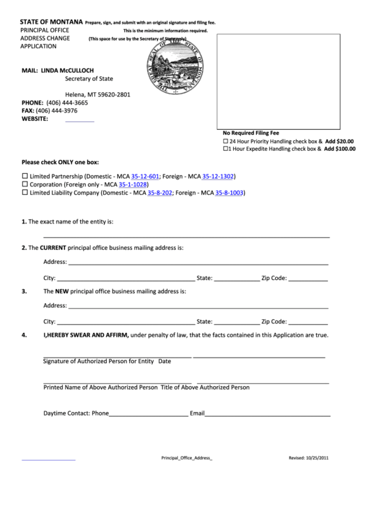 Principal Office Address Change Application Form - State Of Montana Revised: 10/25/2011 Printable pdf