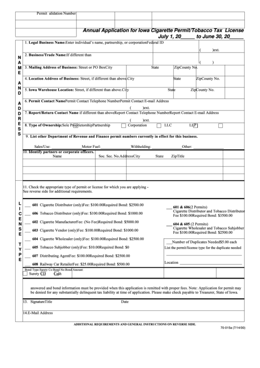 Form 70-015a - Annual Application For Iowa Cigarette Permit/tobacco Tax License - 2000 Printable pdf