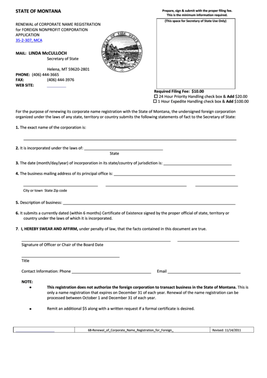 Renewal Of Corporate Name Registration For Foreign Nonprofit Corporation Application - Secretary Of State - 2011 Printable pdf